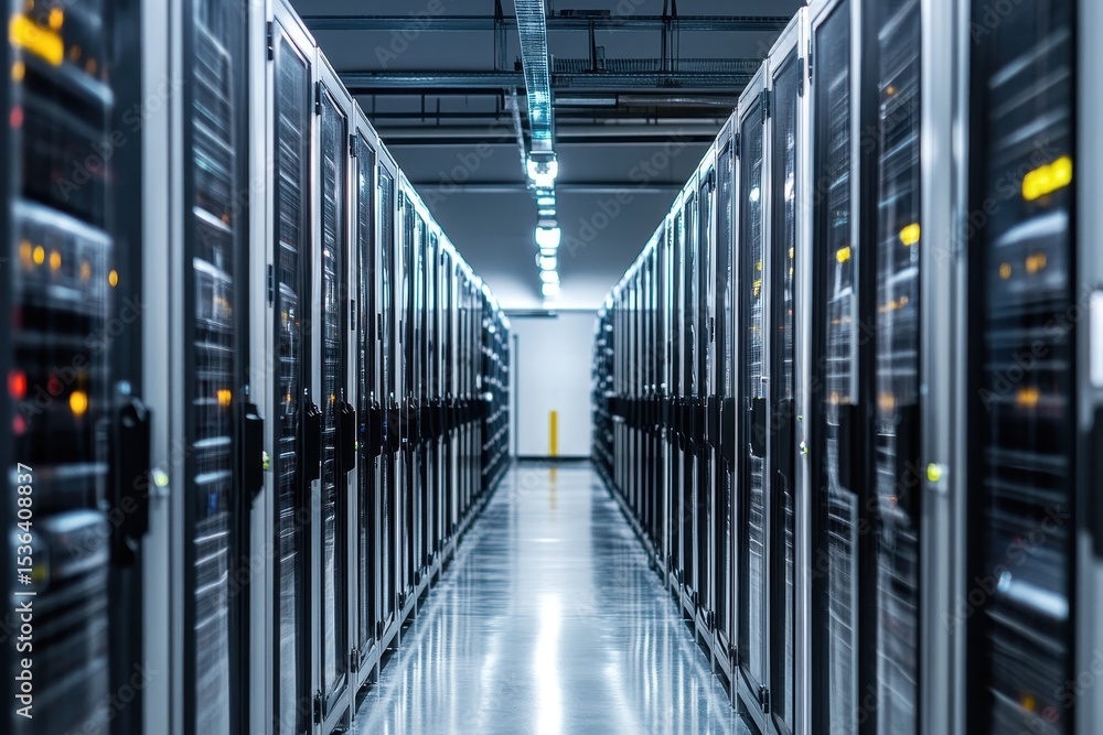 Poster rows of servers in a data center, long aisle with shiny floor. illustrates cloud computing, big data