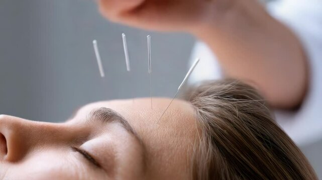 Acupuncture treatment on a woman's forehead for wellness.