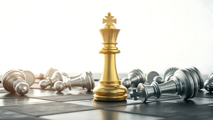 A golden chess king stands victorious over fallen silver pieces on a chessboard