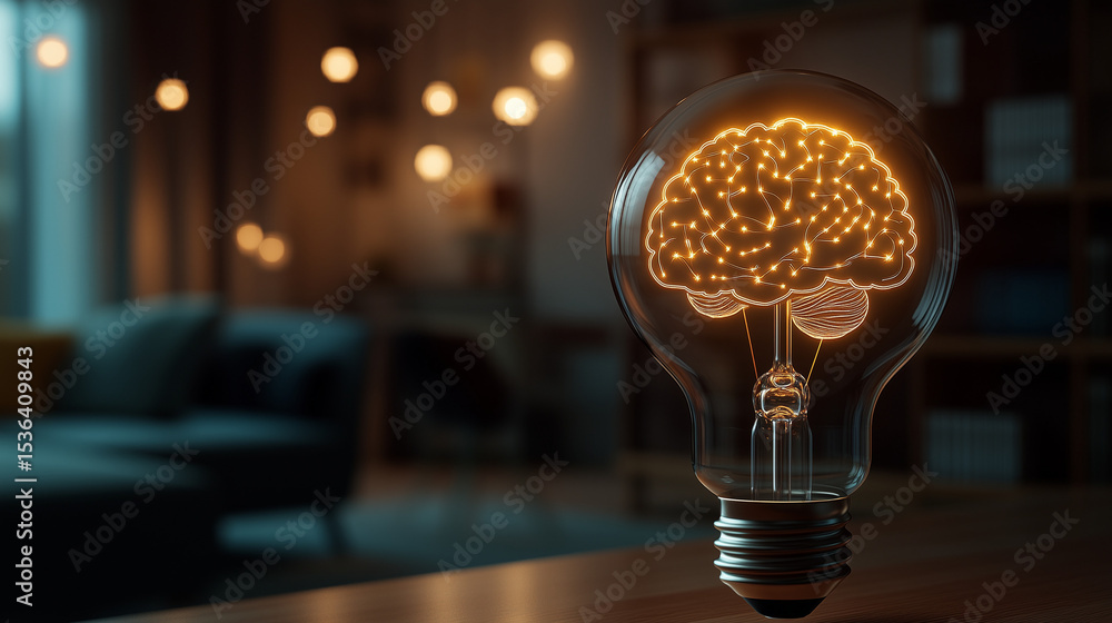 Poster a glowing brain inside a light bulb – a concept of innovation and intelligence. an image of a glowin