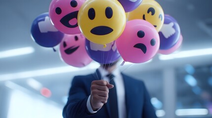 Businessman holding emotive balloons in futuristic social media space
