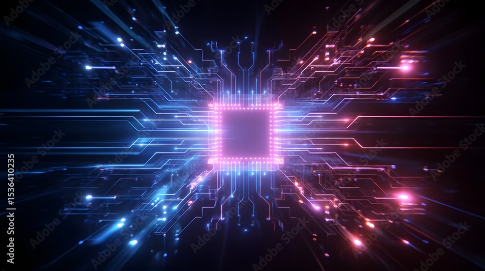 Poster glowing abstract chip in dark space with neon circuits branching in symmetry