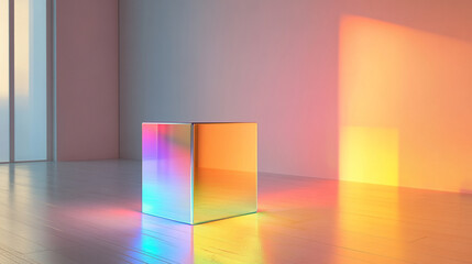 Illuminated Cube Reflecting Vibrant Rainbow Colors in a Minimalist Empty Modern Room with Soft Natural Light