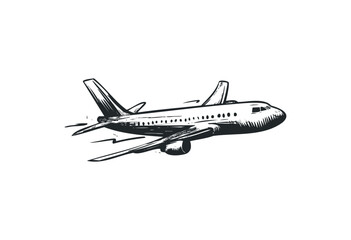 Sketch of a commercial airplane in flight captured in detailed ink drawing. Vector retro hand drawn illustration