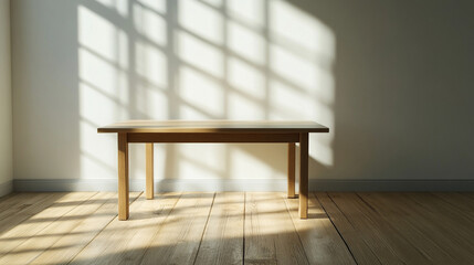 Illuminated Table in a Minimalist Room with Natural Window Light Casting Soft Shadows on Warm Wood Floor