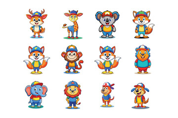 Adorable cartoon animals wearing baseball caps and colorful outfits posing cheerfully for children