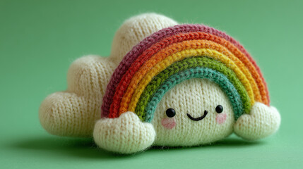 Smiling Knitted Plush Cloud with Rainbow