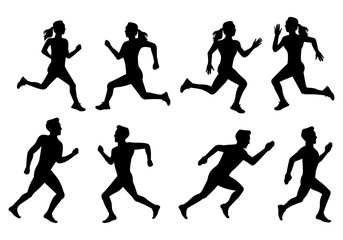 silhouette of a man and woman doing running exercise vector set