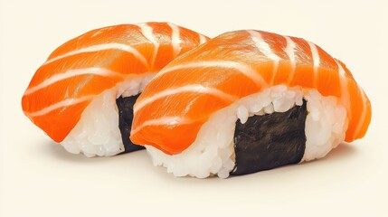 Two salmon sushi pieces on white, close up. Great for food blogs, Japanese cuisine or menu designs.