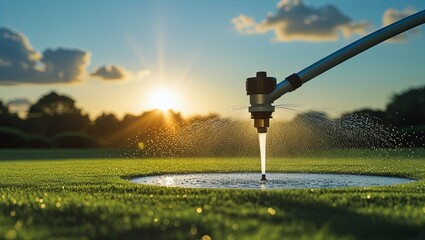 An automatic sprinkler waters the lawn at sunset, showcasing efficient lawn care and gardening techniques for healthy, green outdoor spaces.