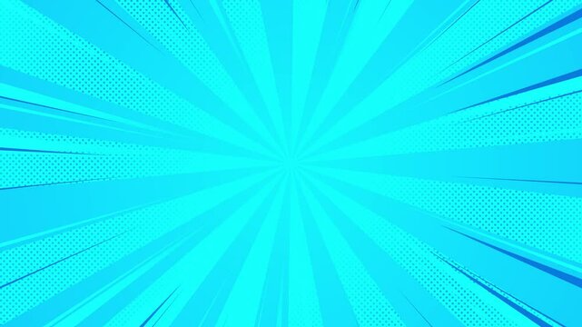 comic zoom lines with halftone dots on blue background animation, abstract background with rays, empty motion design element	
