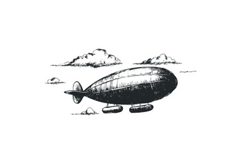 Obraz premium Vintage airship floating among clouds in detailed sketch design. Vector retro hand drawn illustration