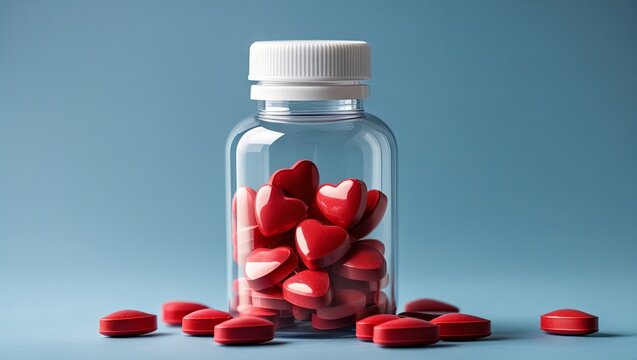 Red heart-shaped pills inside a plastic bottle on a blue background, symbolizing love, care, and Valentine's Day, blending health and affection in a visually striking and meaningful concept