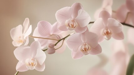 Obraz premium 29.A modern orchid-themed design with blooming flowers in muted tones of lilac and blush, accented by green leaves and a neutral background, creating a soft, elegant feel.