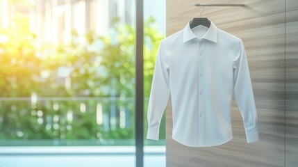 Shirt Crisp white shirt ironed and hanging neatly in a closet, ready to be worn for a formal event.