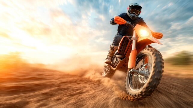 A dynamic shot of a motocross rider speeding across a dirt track at sunset, showcasing the thrill of off-road biking, Ideal for sports magazines, adventure blogs, or promotional materials,