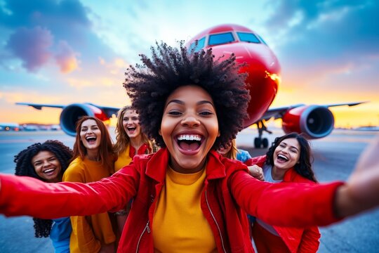 A group of young women taking a selfie in front of an airplane