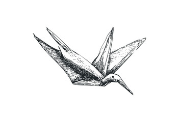 Fototapeta premium Intricate hand-drawn origami crane in detailed ink illustration. Vector retro hand drawn illustration