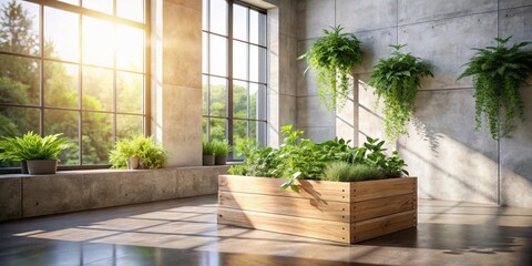 Sunlit Indoor Herb Garden in a Modern Setting with Wooden Planter Box