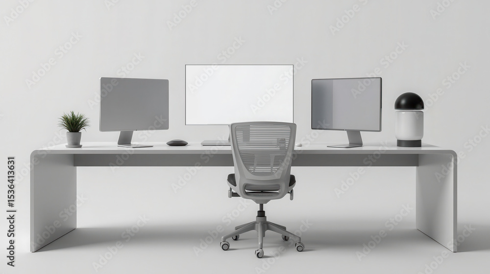 Poster clean white office desk with a comfortable chair and multiple computer monitors, one blank screen fo