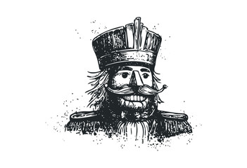 Sketch of a smiling wooden nutcracker soldier with mustache and hat. Vector retro hand drawn illustration