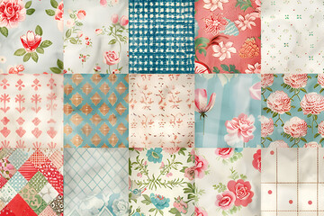 Patchwork Quilt Floral Fabrics Design Teal Pink Roses