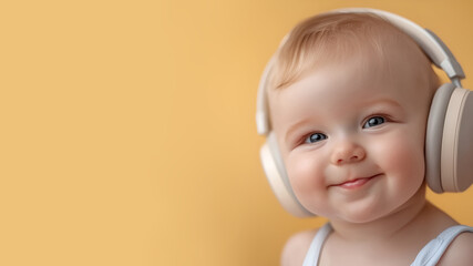 Smiling caucasian baby with headphones against yellow background