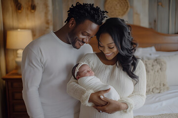 Happy african family with newborn in cozy home setting