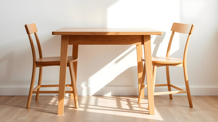 Wooden table and chairs basking in sunlight by white wall