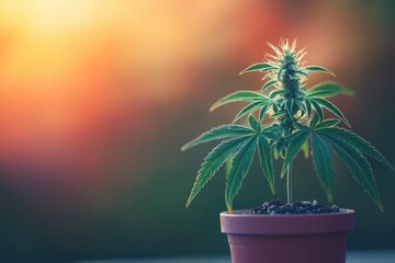 Cannabis plant growing in small pot, sunset background. Showcase alternative medicine,legalization of cannabis.