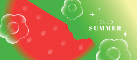 Summer season gradient fruit art background vector. Modern wallpaper design with watermelon, bubble flower. Illustration design for social media, print, cover, banner, backdrop, packaging, ads.