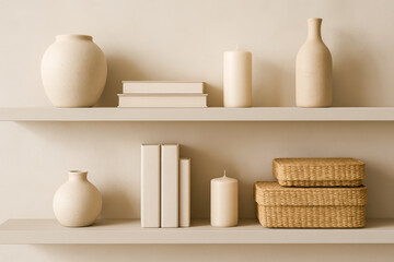 Minimalist shelf decor with ceramic vases, books, candles, and woven boxes in neutral tones, creating modern Japandi or Scandinavian style