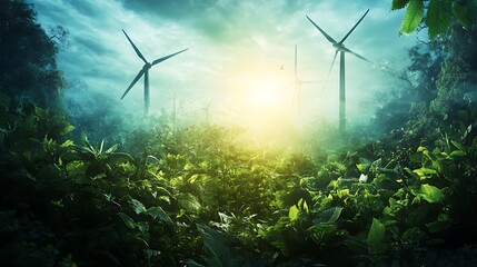 Wind turbines in a misty forest