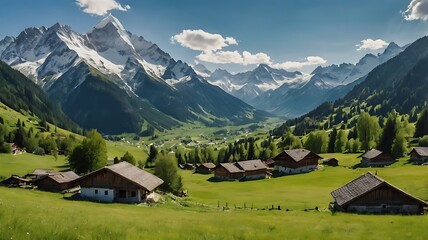 Scenic view of houses in a valley with snow capped mountains and blue sky in the background landscape