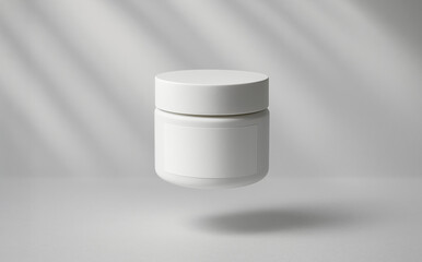 White cosmetic jar mockup with blank label for clean minimalist packaging design floating in air perfect for beauty product branding presentation