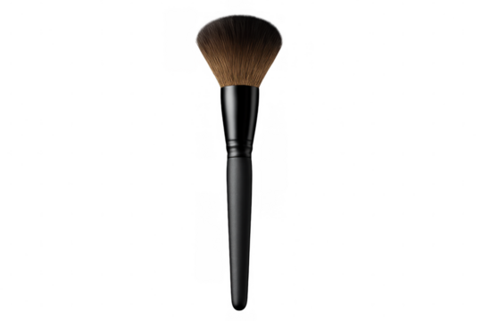 Soft makeup brush featuring sleek black handle, displaying professional cosmetic tool against clean transparent backdrop