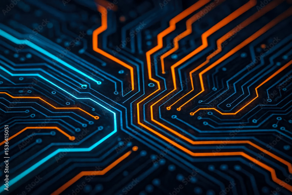 Poster futuristic abstract electronic circuit board background neon glowing digital microchip technology in