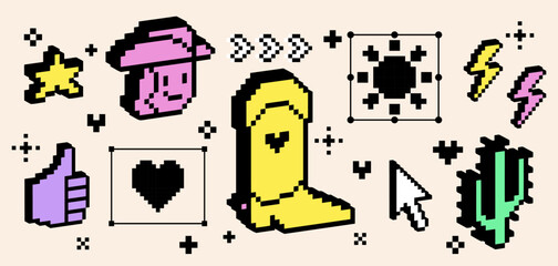 Pixel art cowboy icon collection with 3d effect. Wild west digital sticker set. Cowboy hat, cowboy boot, cactus, heart, star and cool digital objects. 8 bit style retro elements for gaming interface