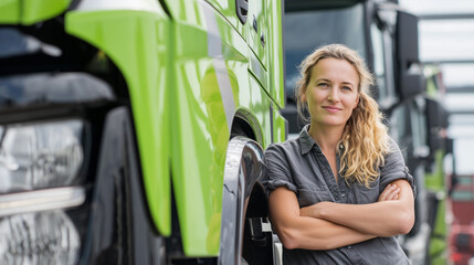 Confident female truck driver with arms crossed, standing next to a large green truck. Represents empowered women in non-traditional transportation professions and feminine power.