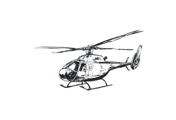 Obraz premium Detailed sketch of a helicopter with rotor blades in motion. Vector retro hand drawn illustration