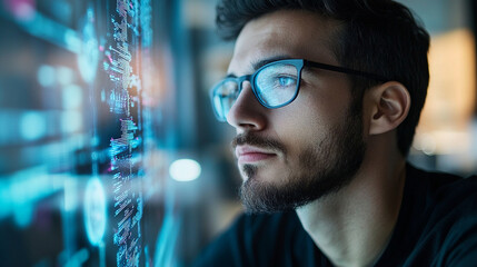 Focused Professional Man Analyzing Digital Data Streams in a Modern Technology Office Environment
