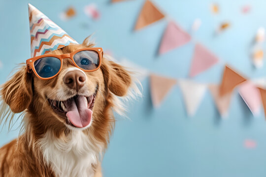 Happy dog celebrating birthday with party hat and sunglasses