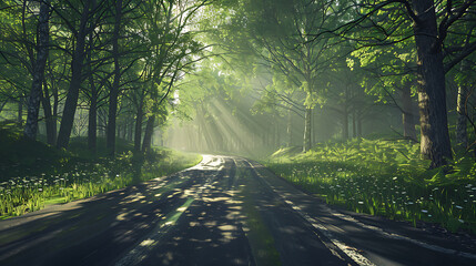 Obraz premium Serene Sunlit Forest Paths: Morning Light Filtering Through Lush Canopies