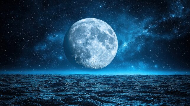 Full moon over a distant, icy landscape.  Vast expanse of space