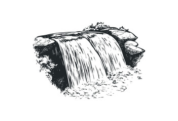 Ink drawing of a majestic waterfall cascading over rocky ledge. Vector retro hand drawn illustration