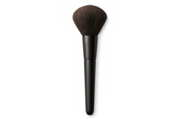 Professional makeup brush featuring soft brown bristles, black ergonomic handle, highlighting precision beauty tool against transparent backdrop
