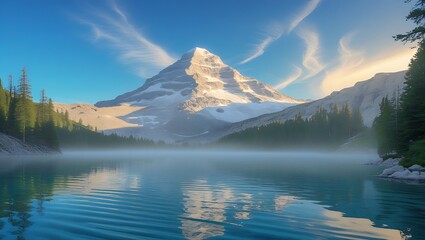Mountain peak reflecting in a serene lake surrounded by trees under a bright blue sky with clouds