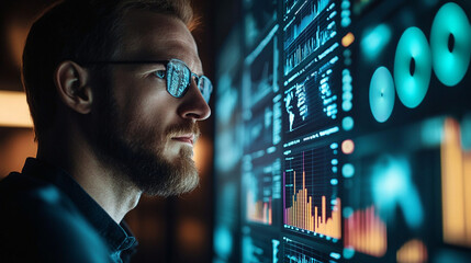 Business Professional Analyzing Data Visualization on Digital Screen with Soft Bokeh Background Lighting