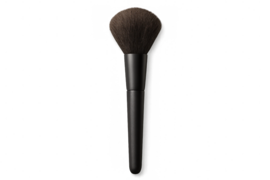 Professional makeup brush featuring soft brown bristles, black ergonomic handle, highlighting precision beauty tool against transparent backdrop
