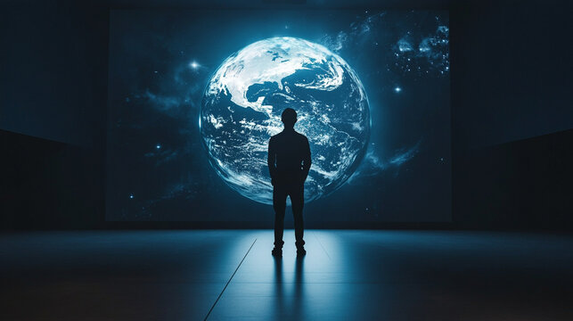 A Man Standing Gazing at a Glowing Earth Projection in a Sleek Dark Futuristic Exhibition Space